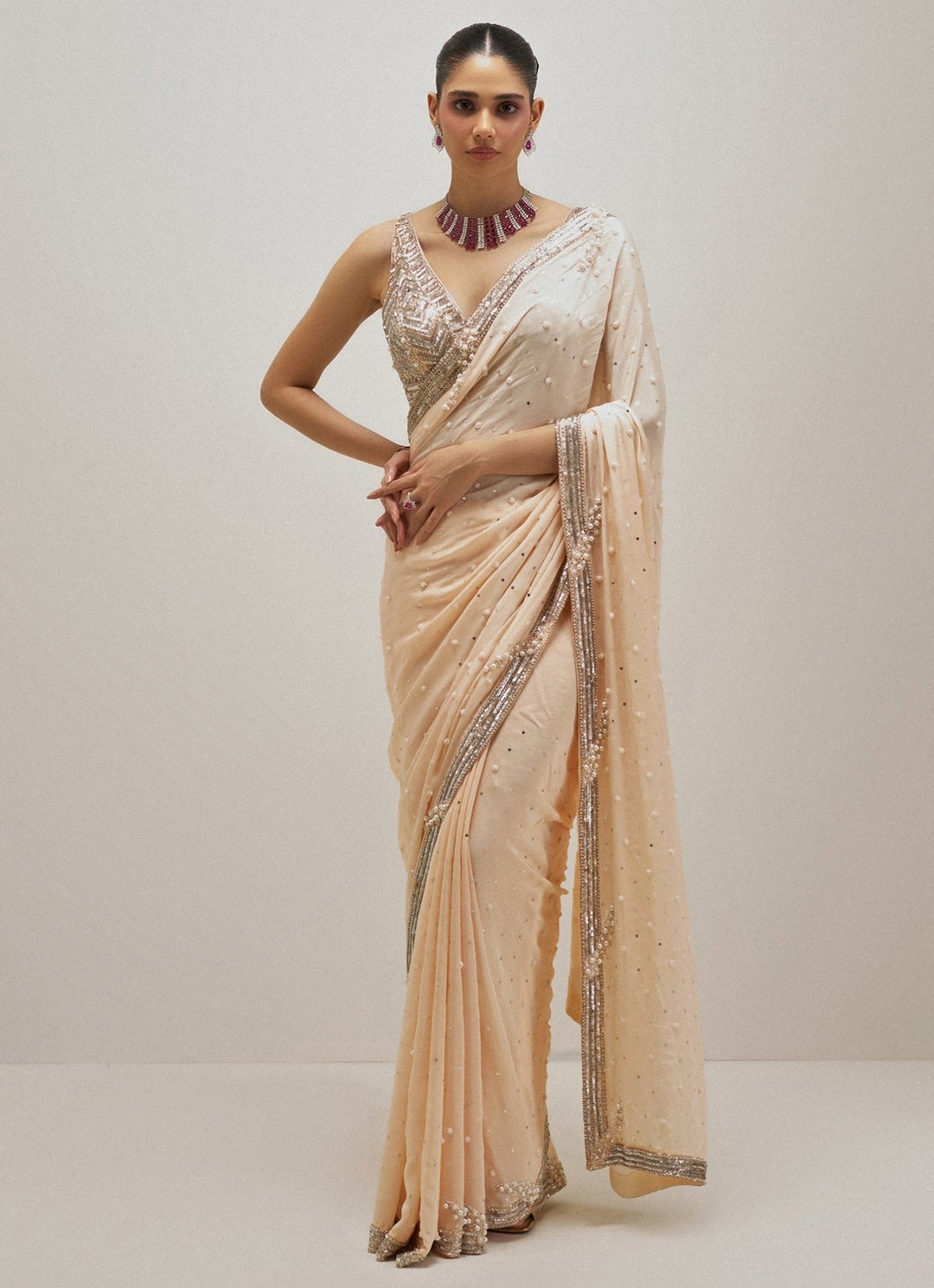 Peach Pearl Embroidered Crepe Saree Angad Singh - Fabilicious Fashion