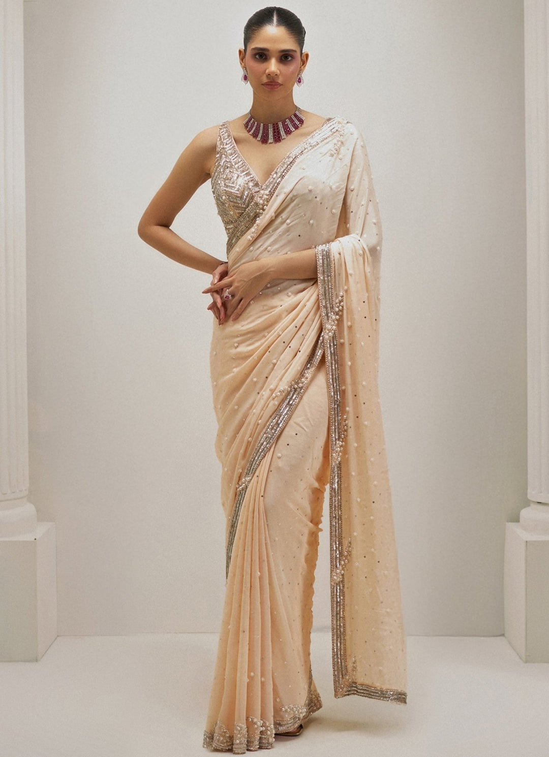 Peach Pearl Embroidered Crepe Saree Angad Singh - Fabilicious Fashion