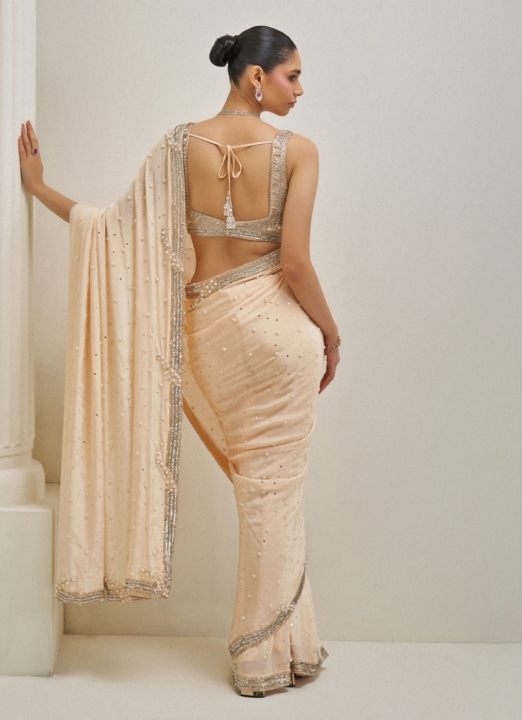 Peach Pearl Embroidered Crepe Saree Angad Singh - Fabilicious Fashion