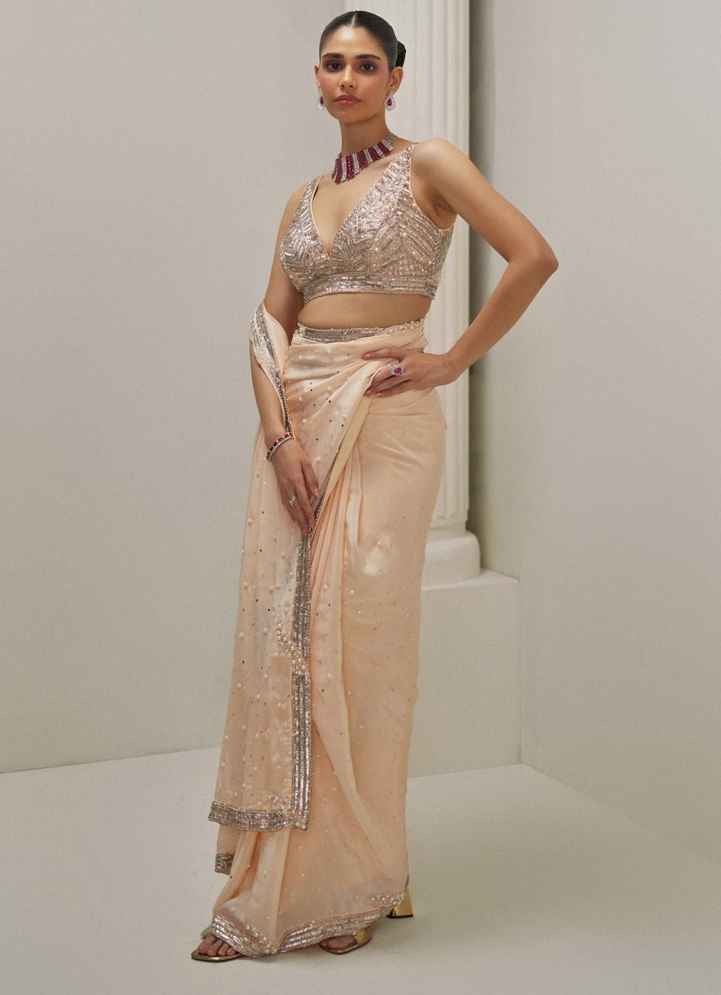 Peach Pearl Embroidered Crepe Saree Angad Singh - Fabilicious Fashion