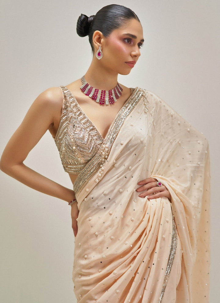 Peach Pearl Embroidered Crepe Saree Angad Singh - Fabilicious Fashion