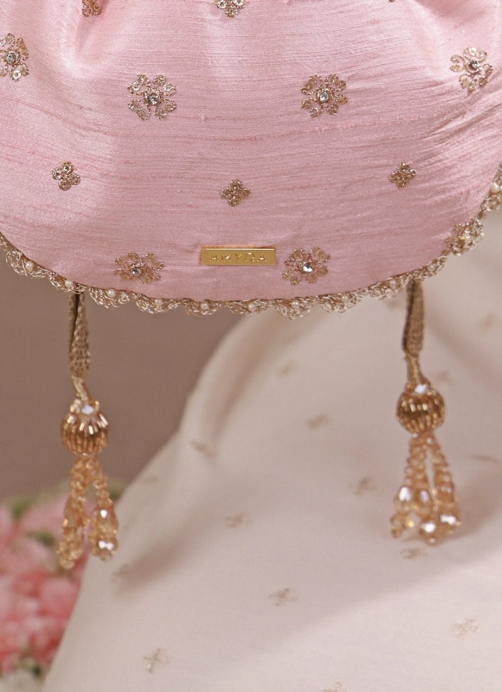 Amyra Peach Pink Embroidered Silk PotliFabilicious Fashion