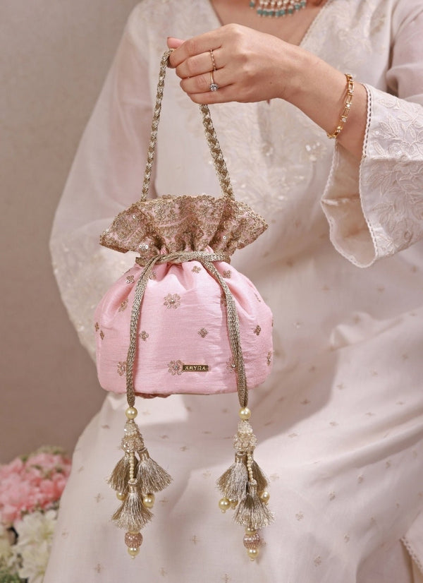Peach Pink Embroidered Silk Potli