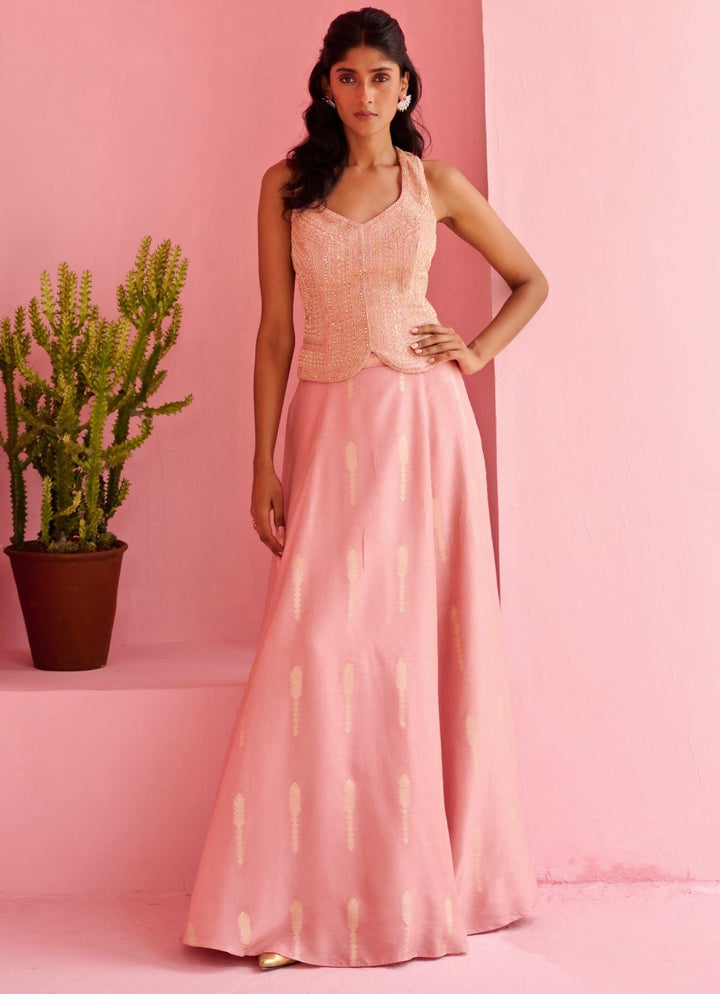 Peach Pink Jamewar Silk Lehenga Set Chamee and Palak - Fabilicious Fashion