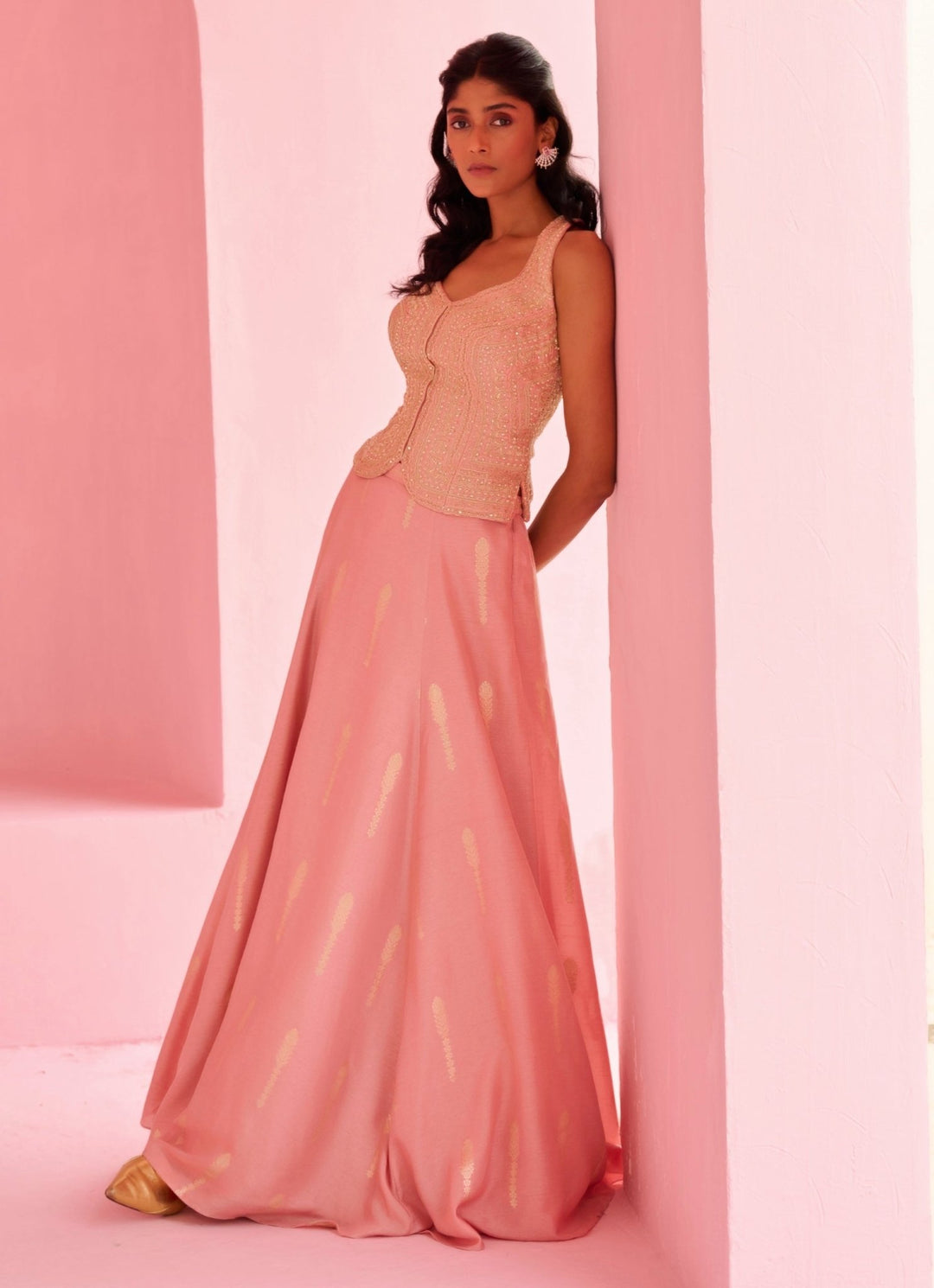 Peach Pink Jamewar Silk Lehenga Set Chamee and Palak - Fabilicious Fashion