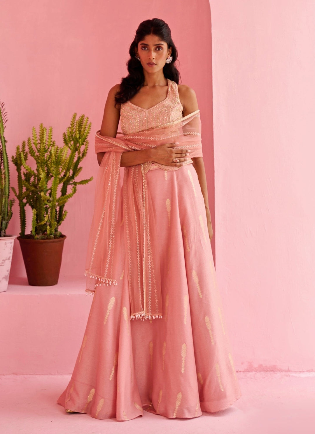 Peach Pink Jamewar Silk Lehenga Set Chamee and Palak - Fabilicious Fashion
