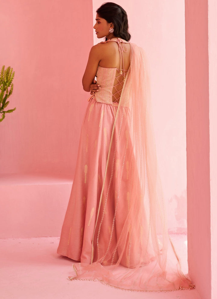 Peach Pink Jamewar Silk Lehenga Set Chamee and Palak - Fabilicious Fashion