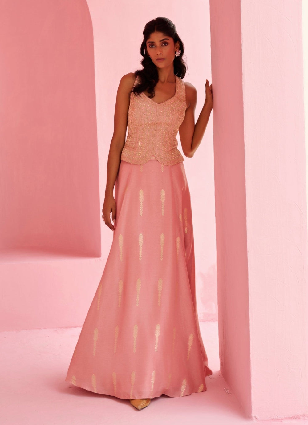Peach Pink Jamewar Silk Lehenga Set Chamee and Palak - Fabilicious Fashion
