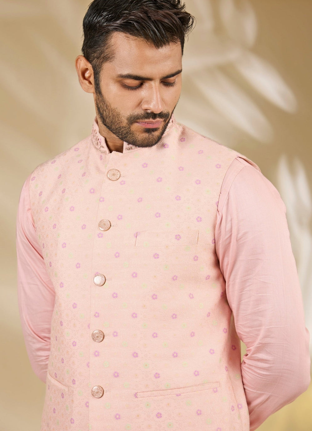 Peach Pink Silk Brocade Bundi Set Manish Nagdeo - Fabilicious Fashion