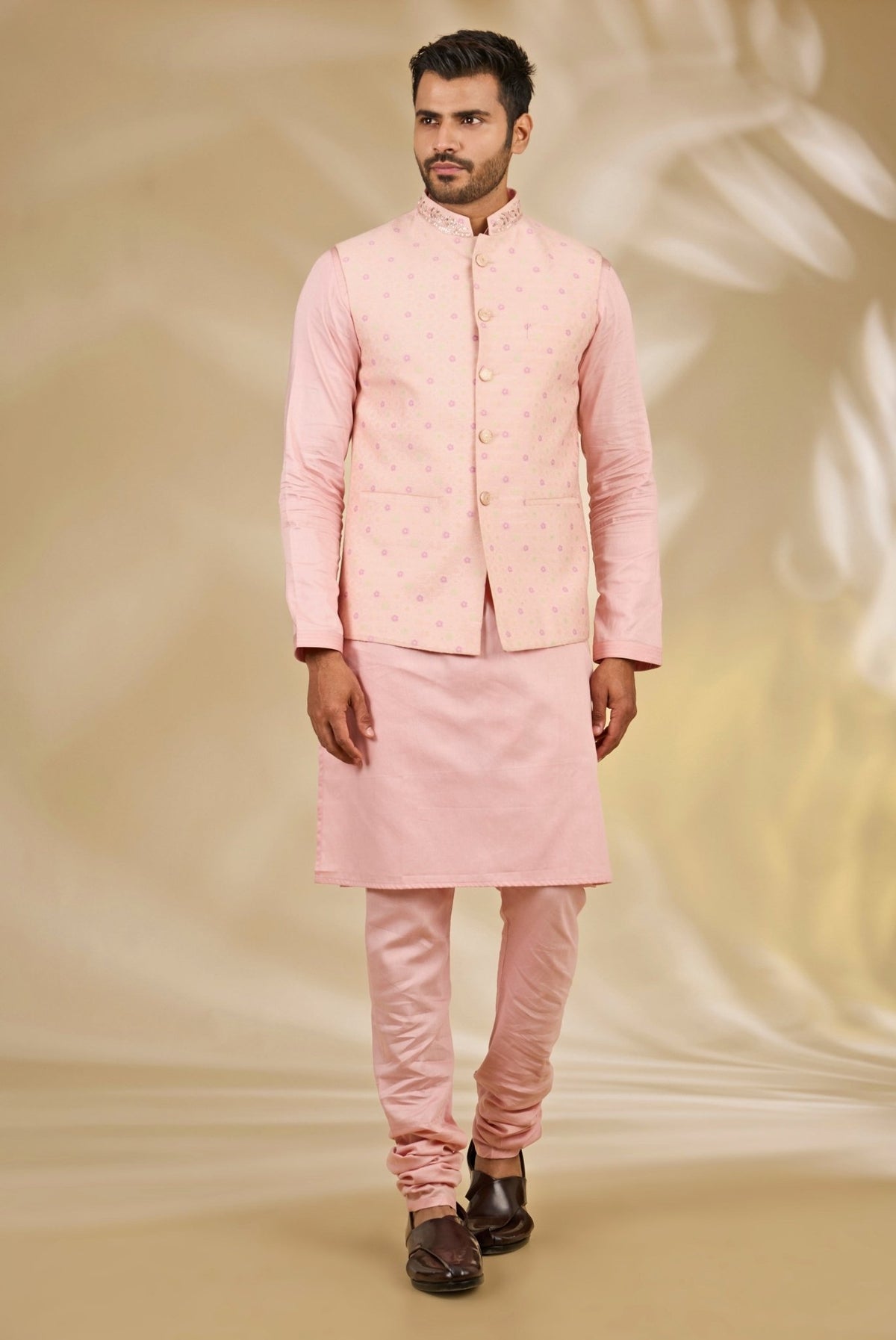 Peach pink silk brocade bundi set by Manish Nagdeo