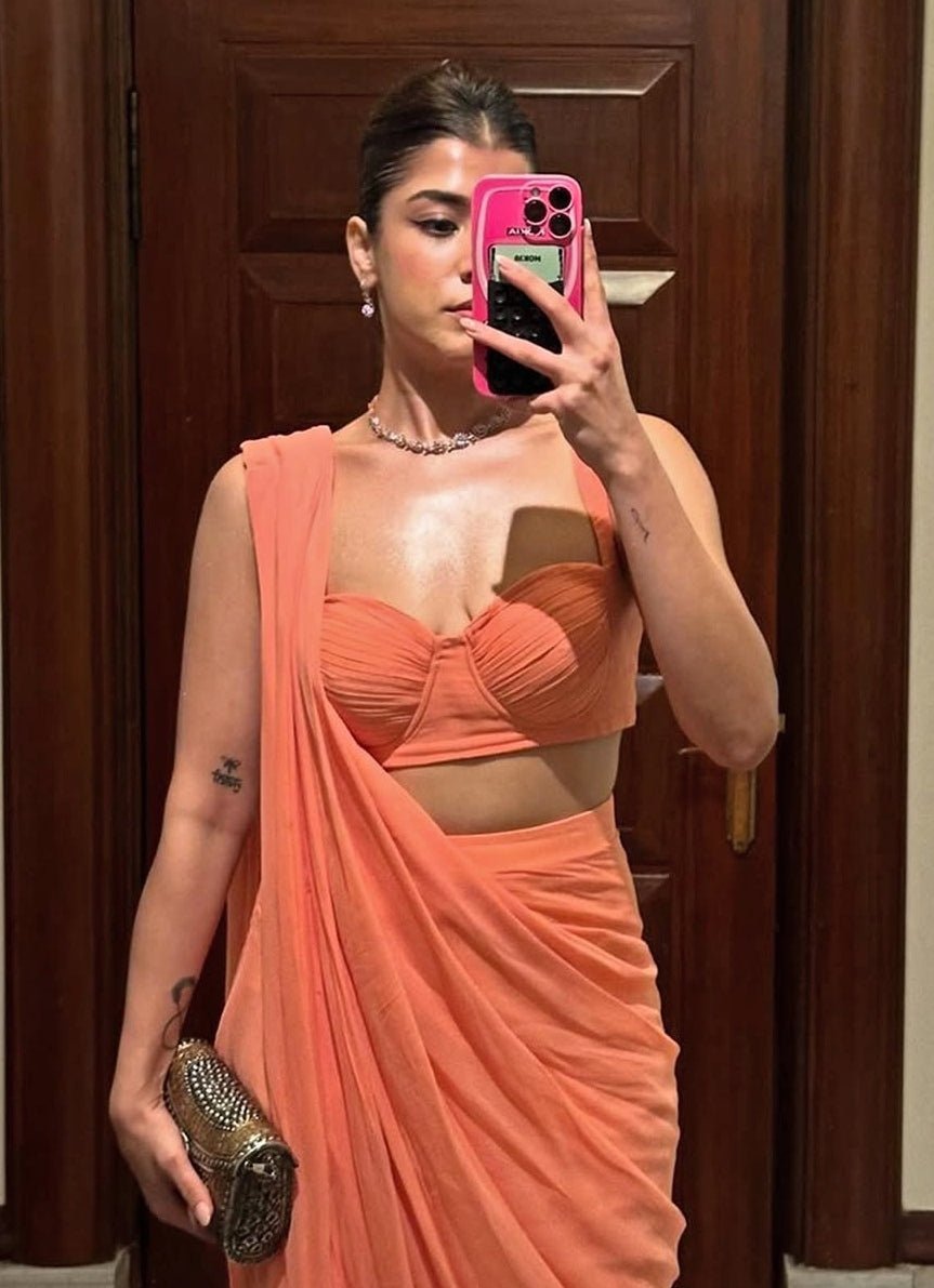 Peach Pre Draped Pure Georgette Slit Saree With Ruched Bustier Blouse Ankita Bajaj Label - Fabilicious Fashion
