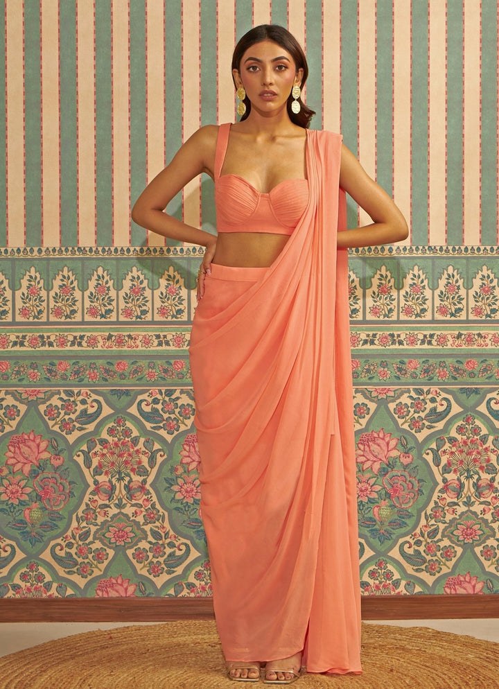 Peach Pre Draped Pure Georgette Slit Saree With Ruched Bustier Blouse Ankita Bajaj Label - Fabilicious Fashion