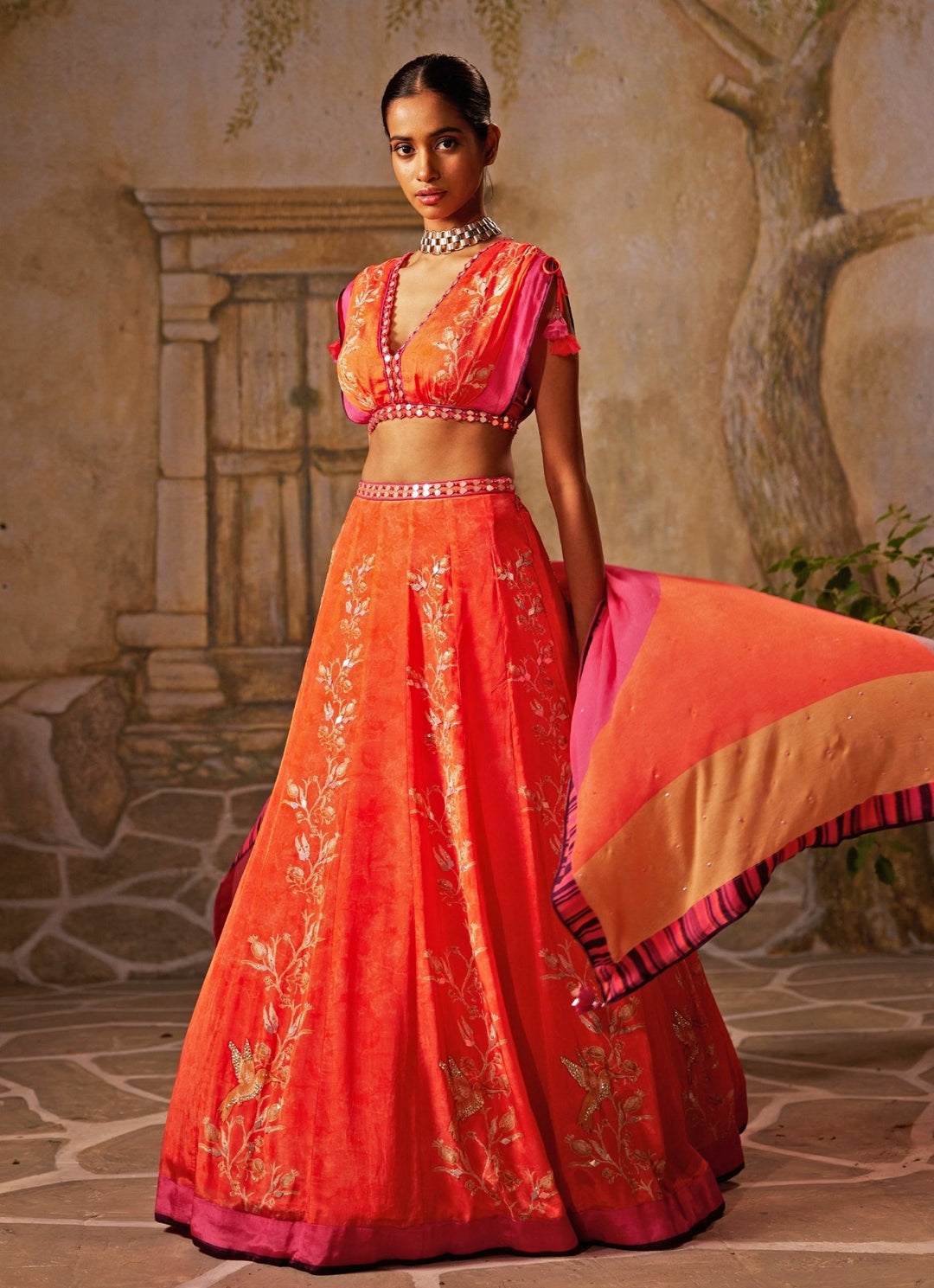 Peach Printed And Embroidered Crepe Lehenga Basil Leaf - Fabilicious Fashion