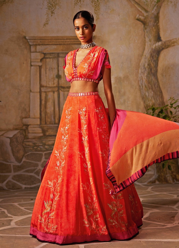 Peach Printed And Embroidered Crepe Lehenga Basil Leaf - Fabilicious Fashion