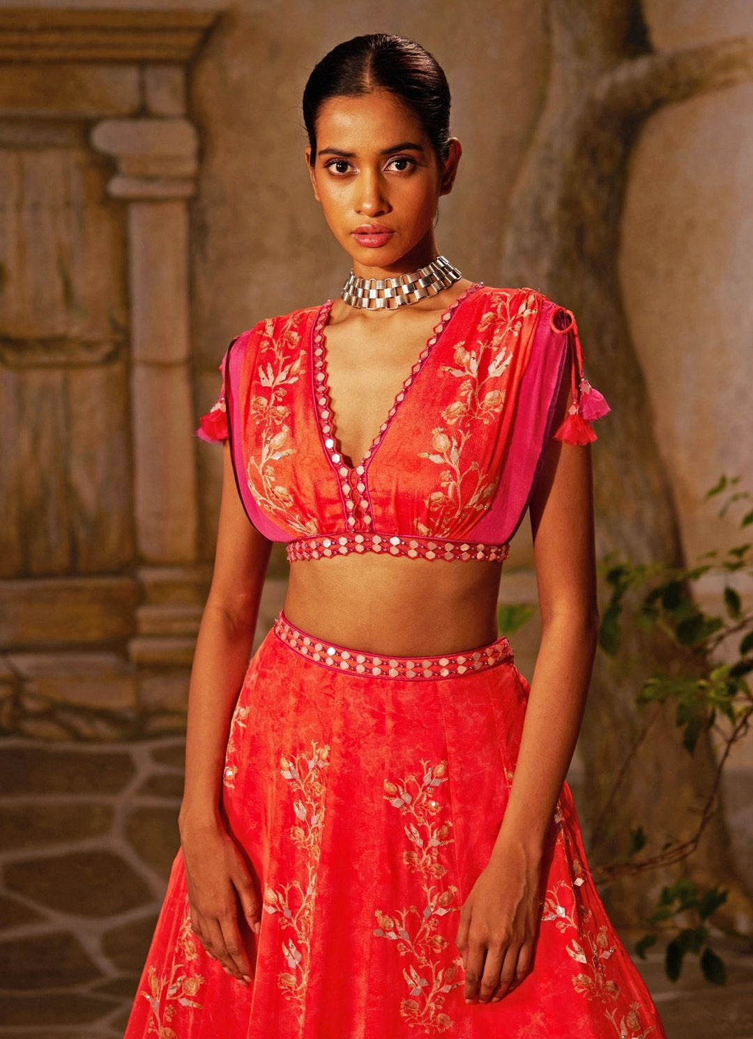 Peach Printed And Embroidered Crepe Lehenga Basil Leaf - Fabilicious Fashion
