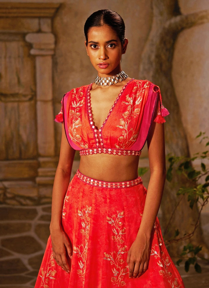 Peach Printed And Embroidered Crepe Lehenga Basil Leaf - Fabilicious Fashion
