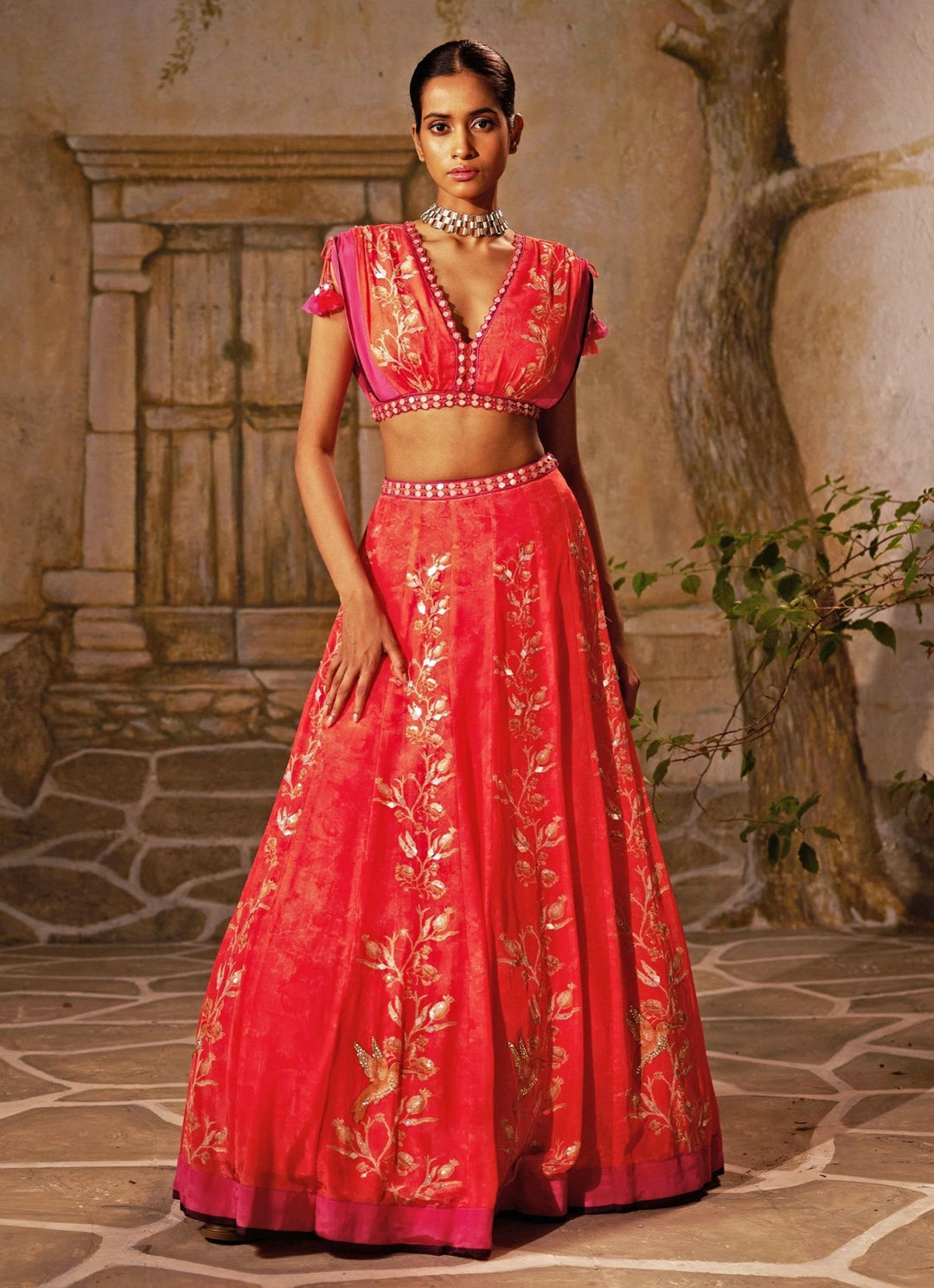 Peach Printed And Embroidered Crepe Lehenga Basil Leaf - Fabilicious Fashion
