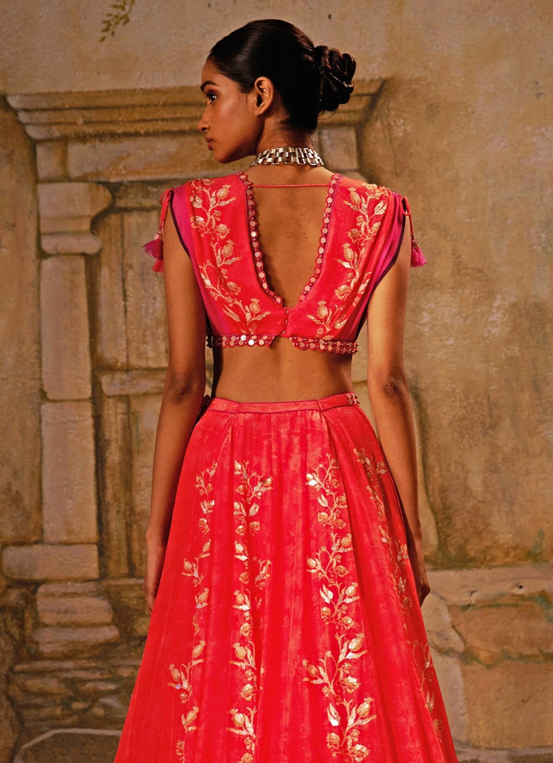 Peach Printed And Embroidered Crepe Lehenga Basil Leaf - Fabilicious Fashion
