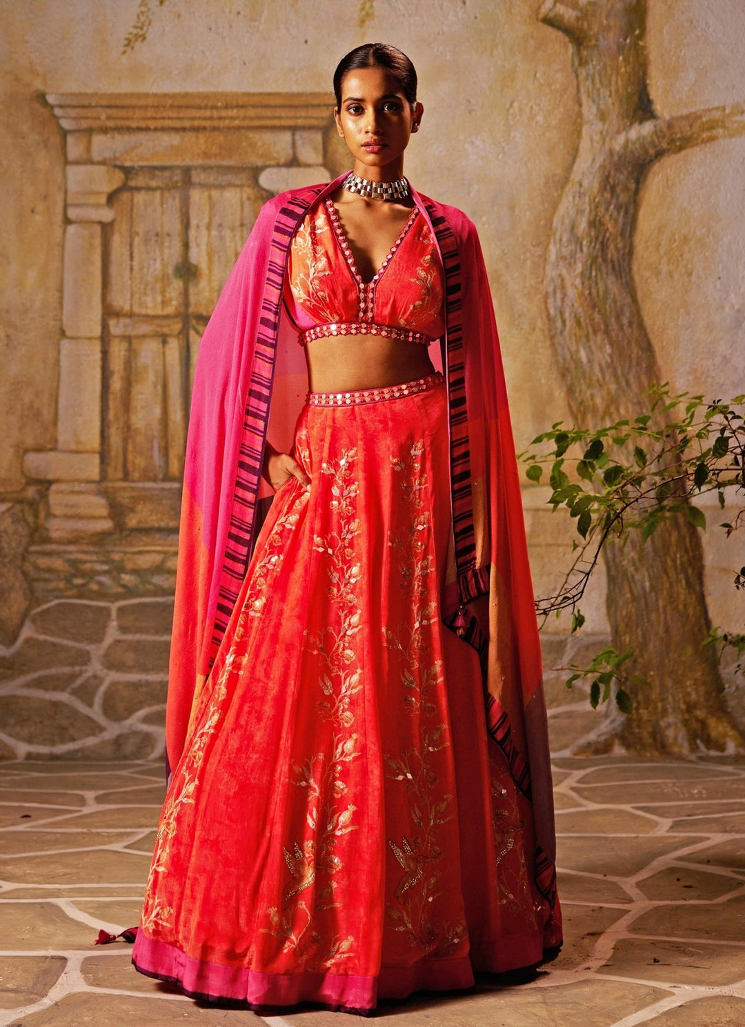 Peach Printed And Embroidered Crepe Lehenga Basil Leaf - Fabilicious Fashion
