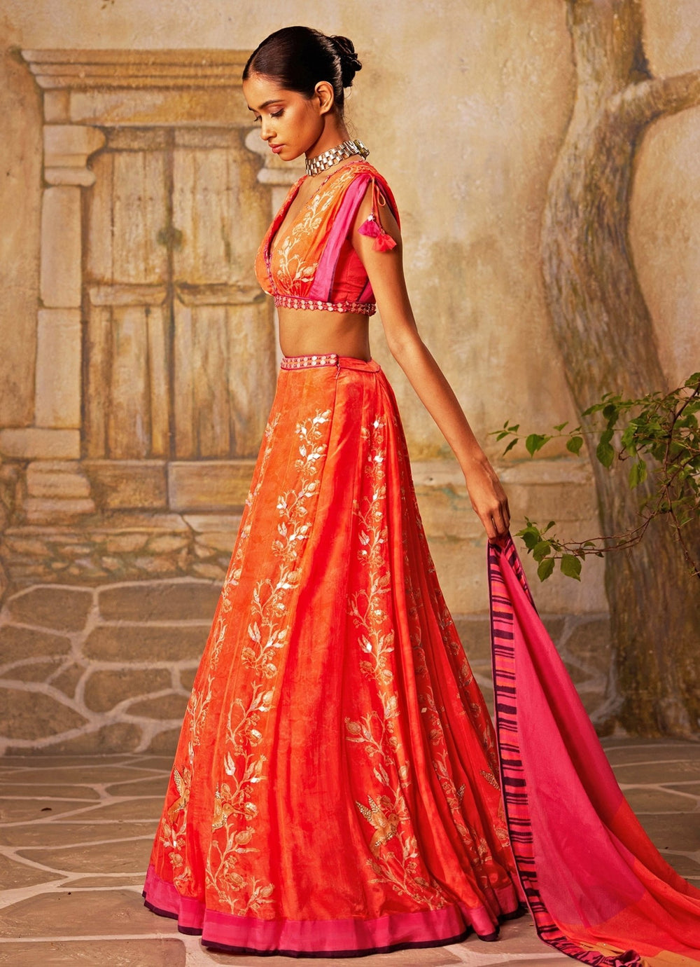 Peach Printed And Embroidered Crepe Lehenga Basil Leaf - Fabilicious Fashion