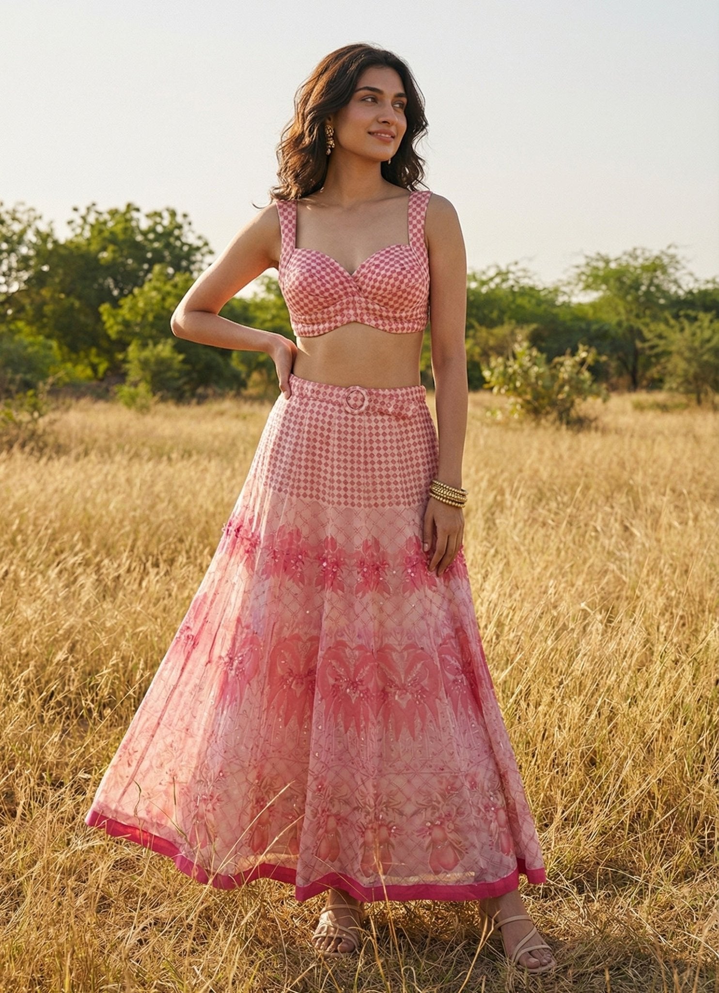 Peach printed organza lehenga set — wedding guest lehenga by Basil Leaf