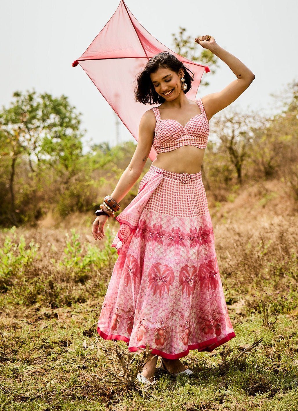 Peach Printed Organza Lehenga Set Basil Leaf - Fabilicious Fashion