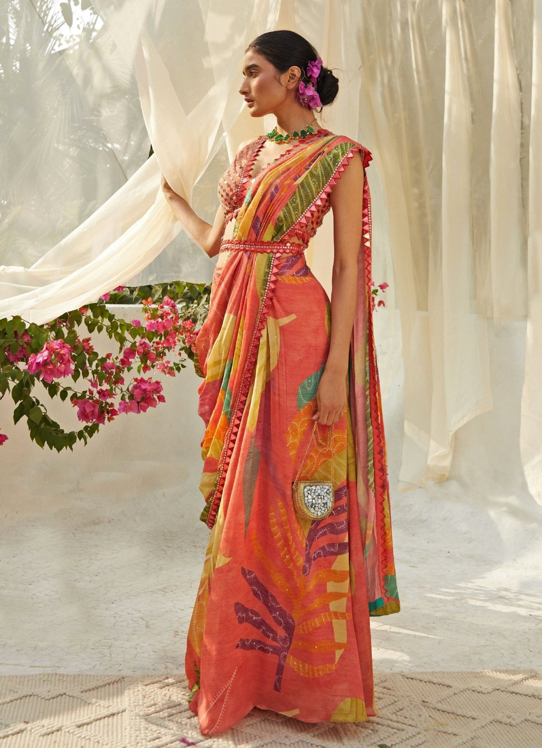 Peach Printed Pre - Draped Chiffon Saree Basil Leaf - Fabilicious Fashion