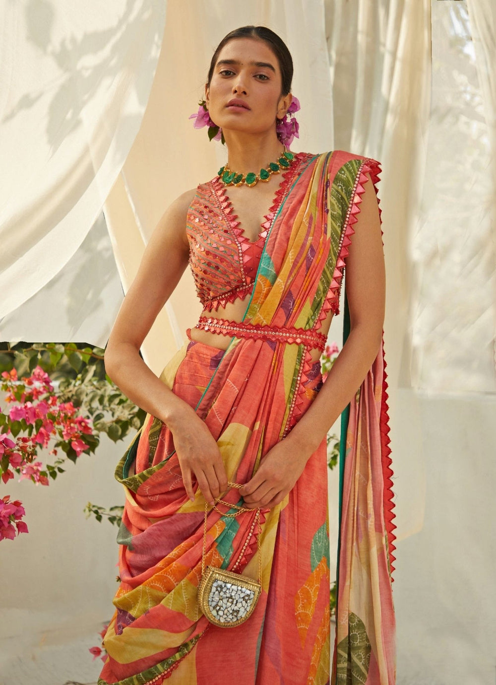 Peach Printed Pre - Draped Chiffon Saree Basil Leaf - Fabilicious Fashion