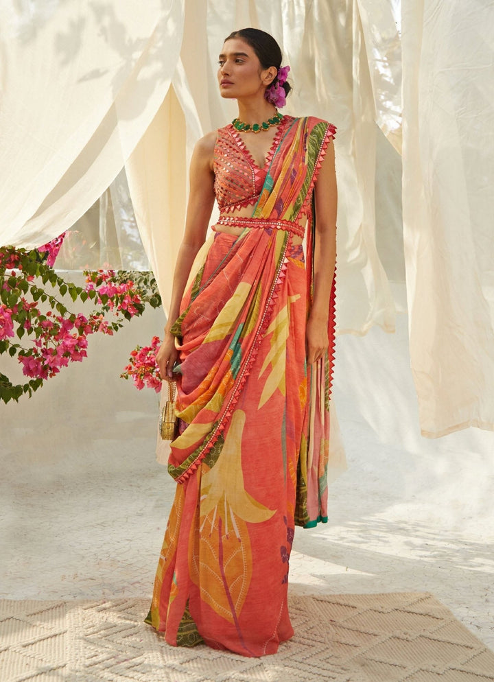 Peach Printed Pre - Draped Chiffon Saree Basil Leaf - Fabilicious Fashion