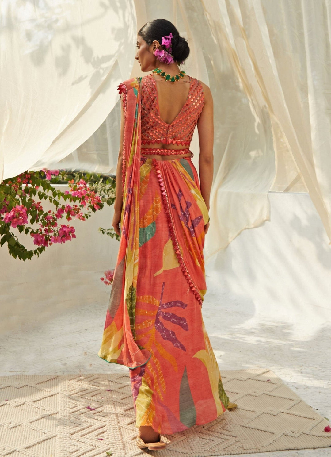 Peach Printed Pre - Draped Chiffon Saree Basil Leaf - Fabilicious Fashion