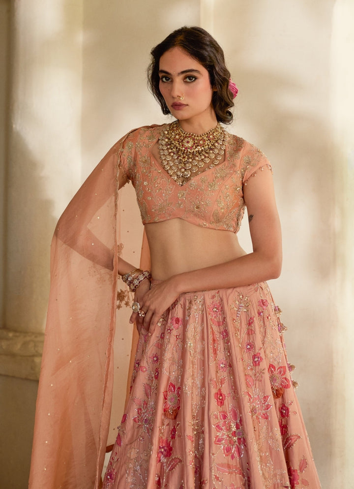Peach Printed Silk Blend Lehenga Set Paulmi and Harsh - Fabilicious Fashion
