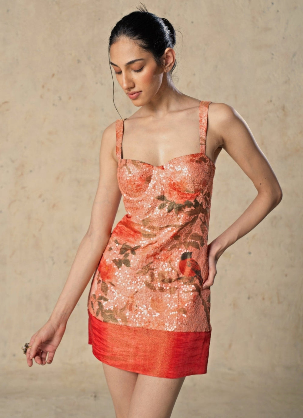 Basil Leaf Peach Printed Tissue Mini DressFabilicious Fashion
