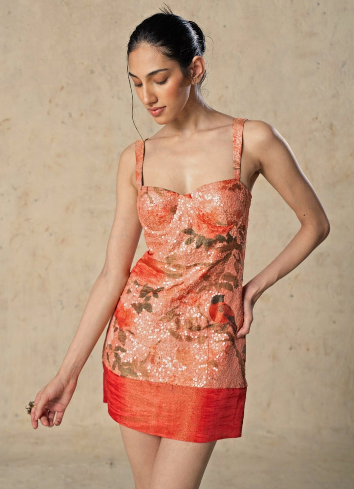 Basil Leaf Peach Printed Tissue Mini DressFabilicious Fashion