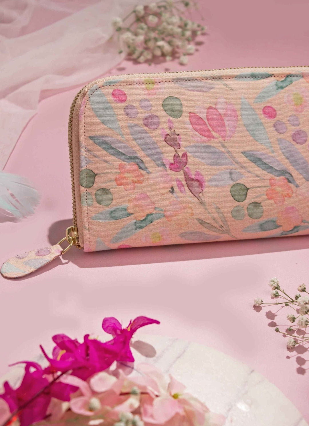 Peach Printed Zip Wallet AMYRA - Fabilicious Fashion