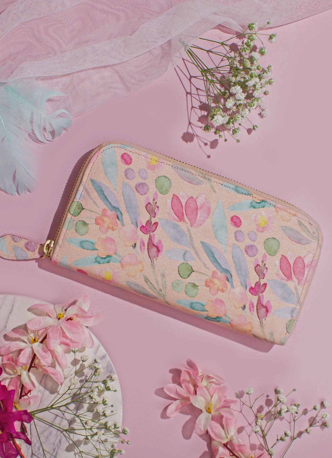 Peach Printed Zip Wallet AMYRA - Fabilicious Fashion