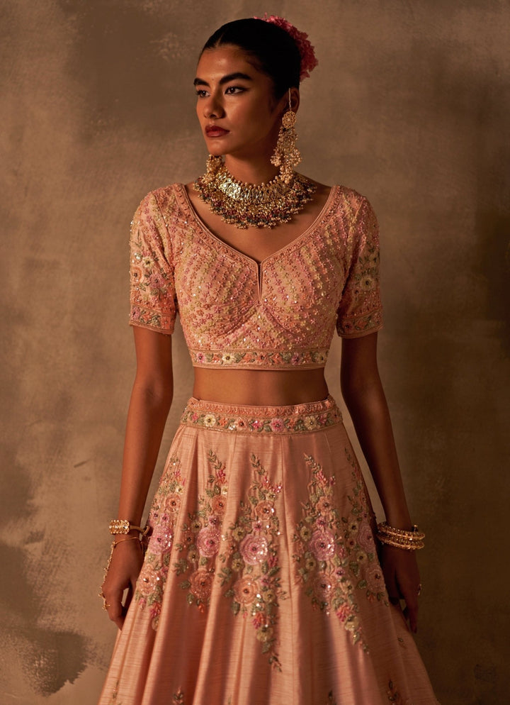 Peach Raw Silk Double Dupatta Lehenga Set Angad Singh - Fabilicious Fashion