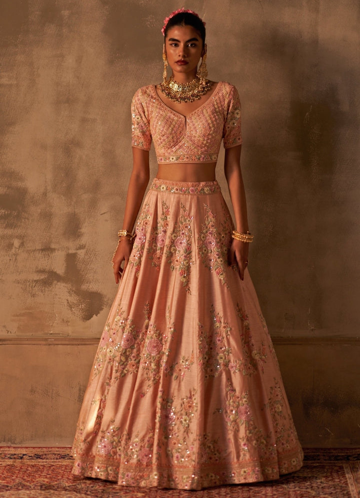 Peach Raw Silk Double Dupatta Lehenga Set Angad Singh - Fabilicious Fashion
