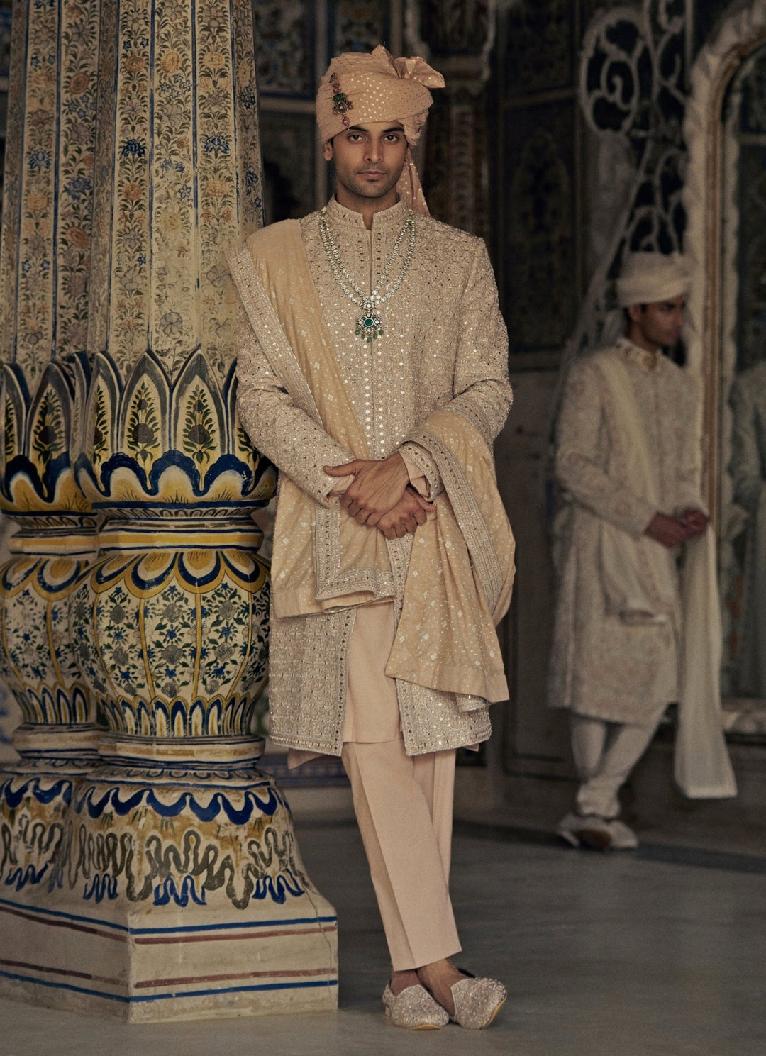 Peach Raw Silk Embroidered Sherwani Nitika Gujral - Men - Fabilicious Fashion