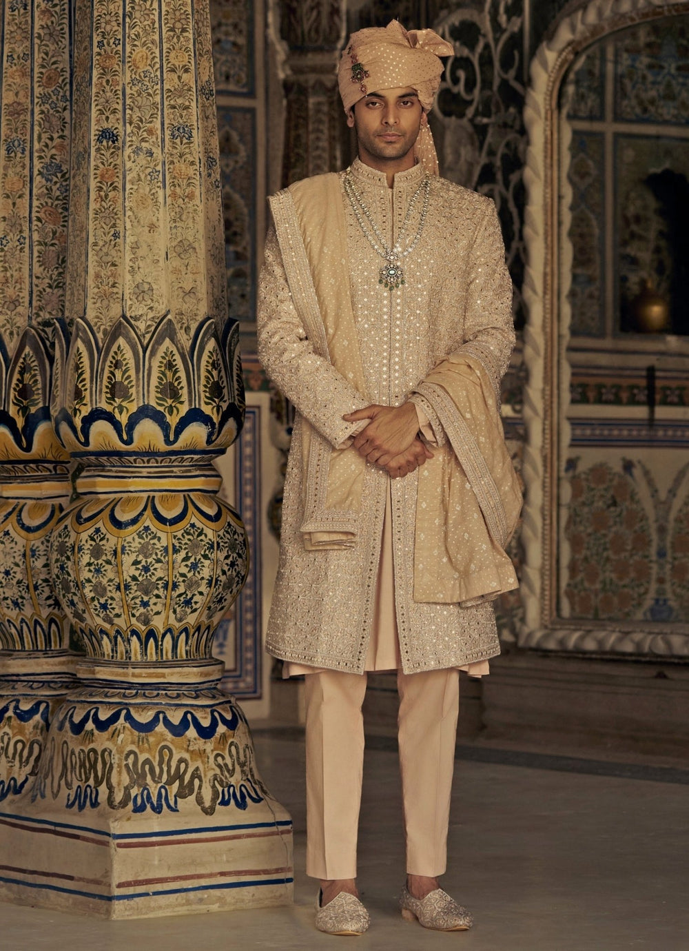 Peach Raw Silk Embroidered Sherwani Nitika Gujral - Men - Fabilicious Fashion