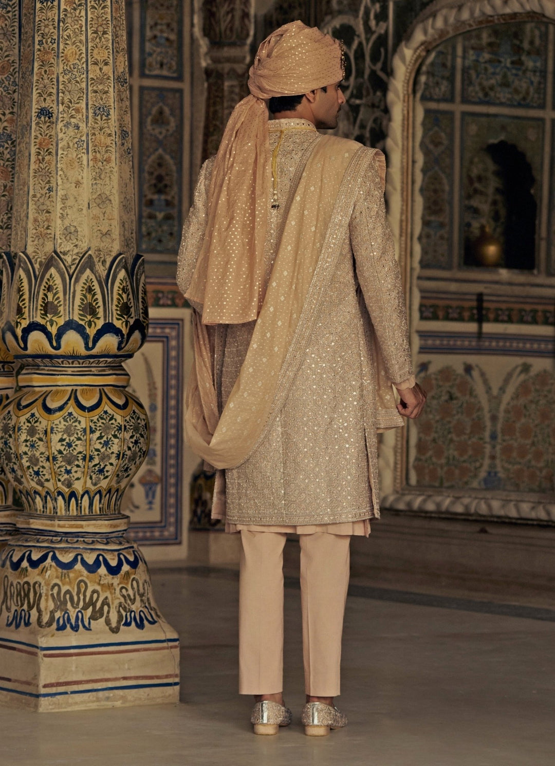 Peach Raw Silk Embroidered Sherwani Nitika Gujral - Men - Fabilicious Fashion