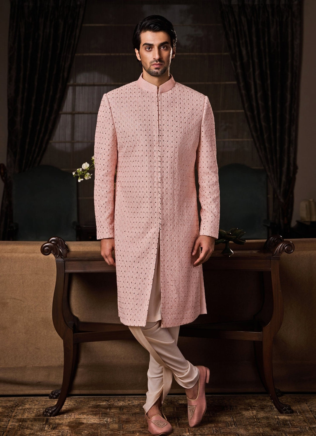 Peach Raw Silk Sherwani Set with Dhoti Pants Nitika Gujral - Men - Fabilicious Fashion