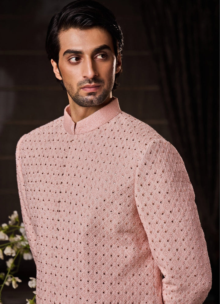 Peach Raw Silk Sherwani Set with Dhoti Pants Nitika Gujral - Men - Fabilicious Fashion