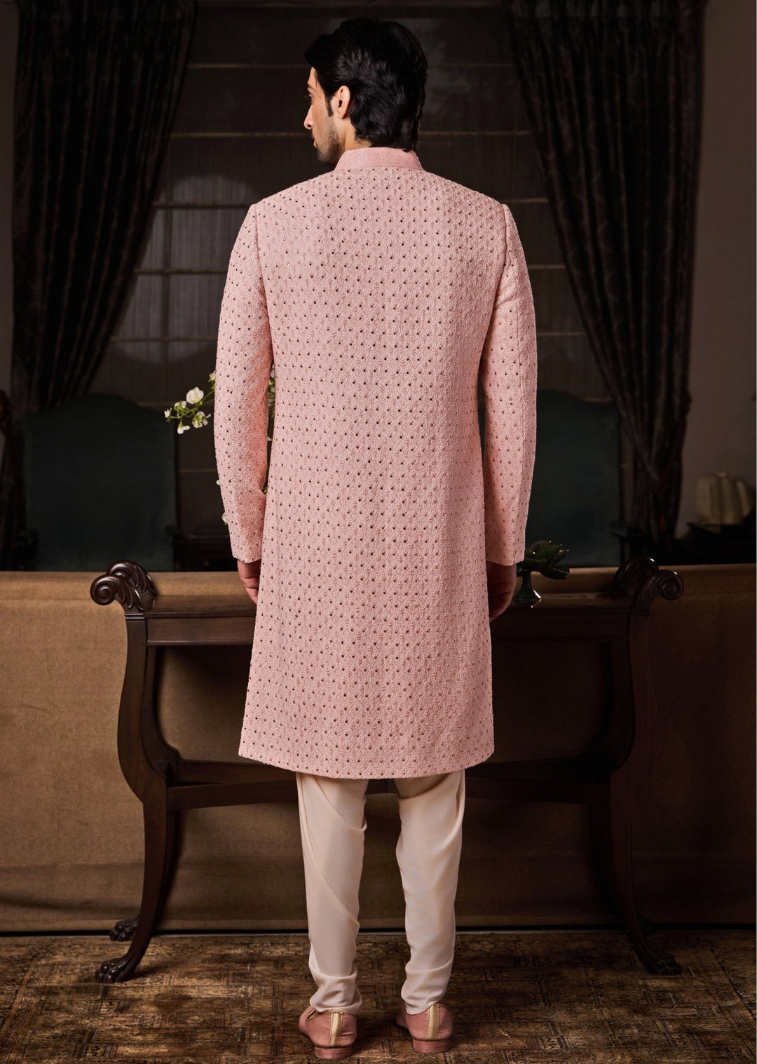 Peach Raw Silk Sherwani Set with Dhoti Pants Nitika Gujral - Men - Fabilicious Fashion
