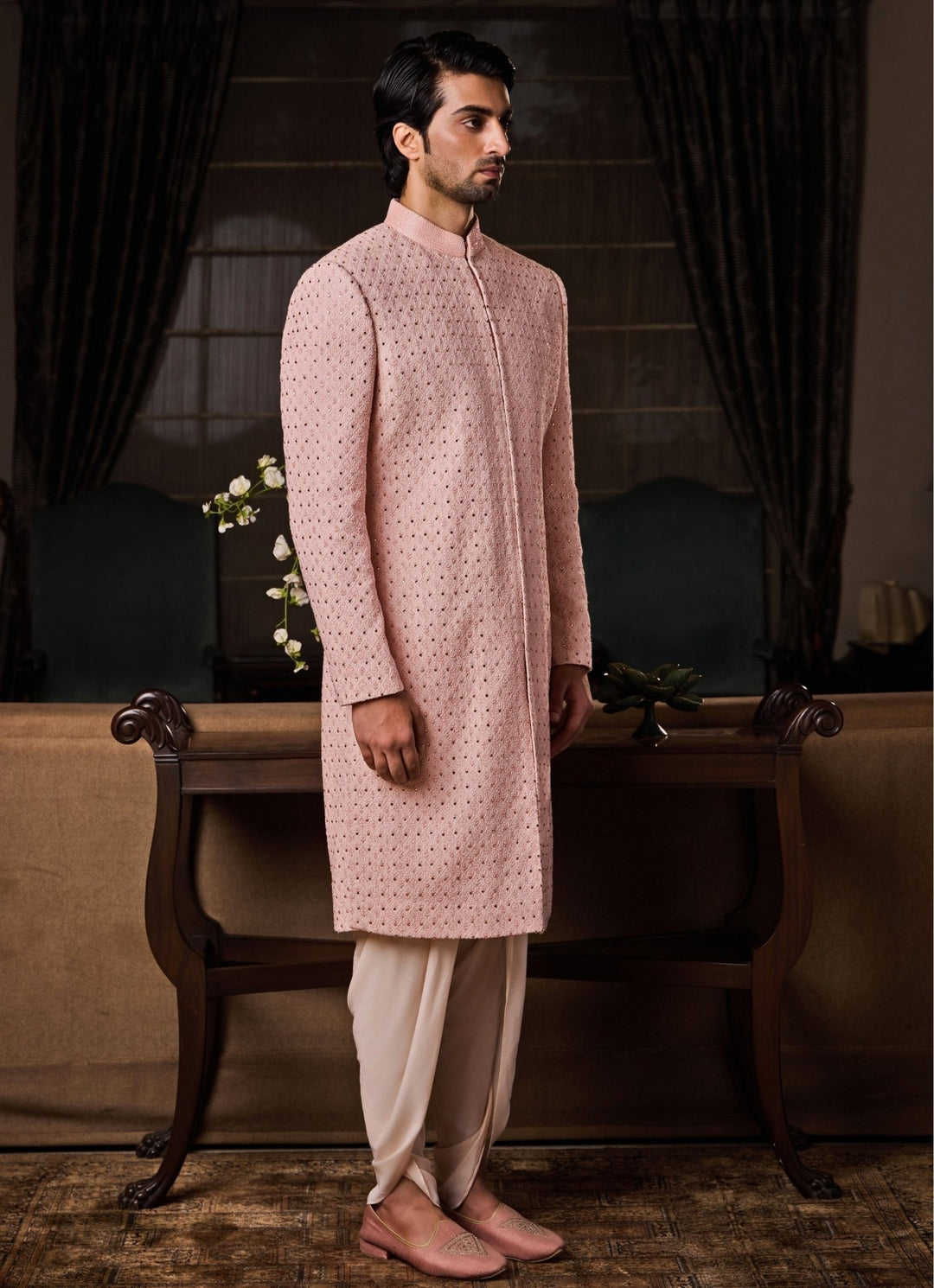 Peach Raw Silk Sherwani Set with Dhoti Pants Nitika Gujral - Men - Fabilicious Fashion