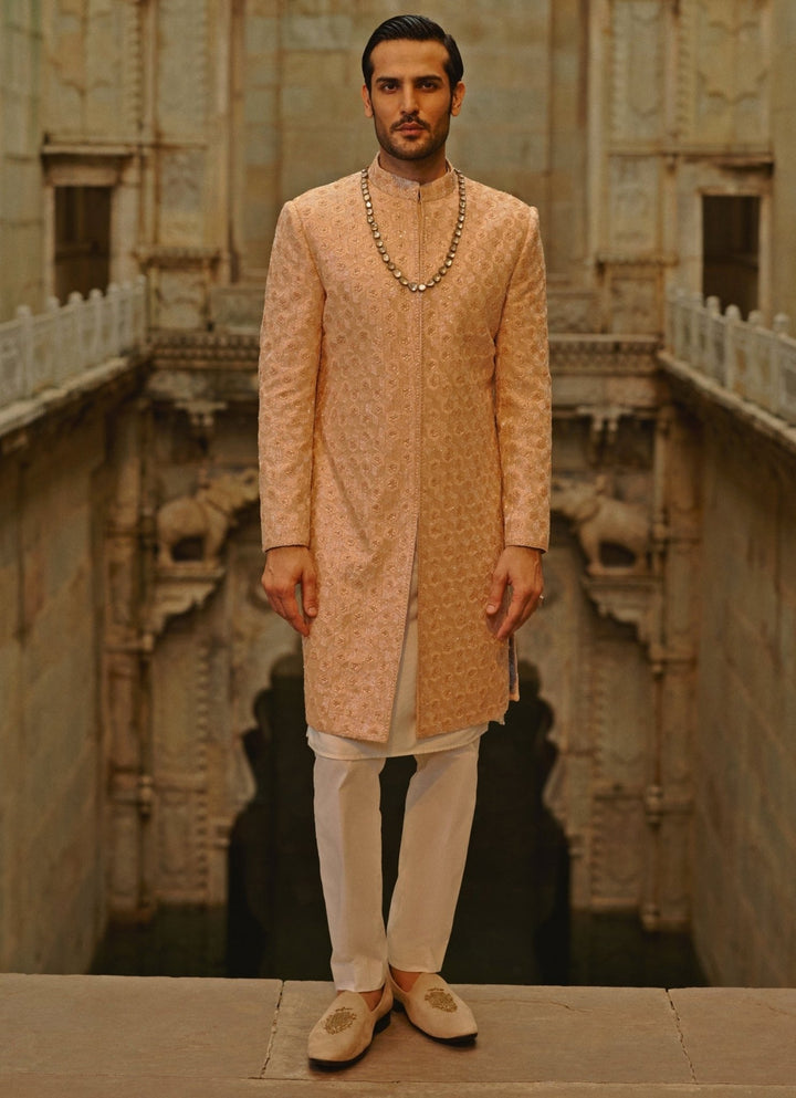 Peach Raw Silk Sherwani Set Nitika Gujral - Men - Fabilicious Fashion