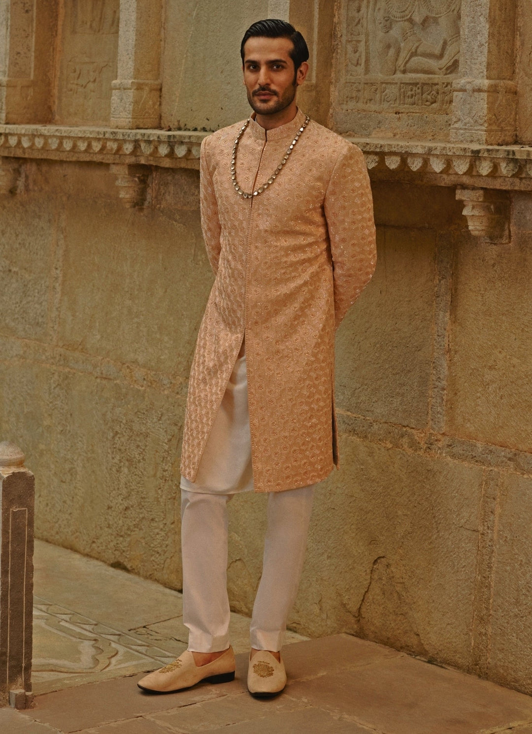 Peach Raw Silk Sherwani Set Nitika Gujral - Men - Fabilicious Fashion