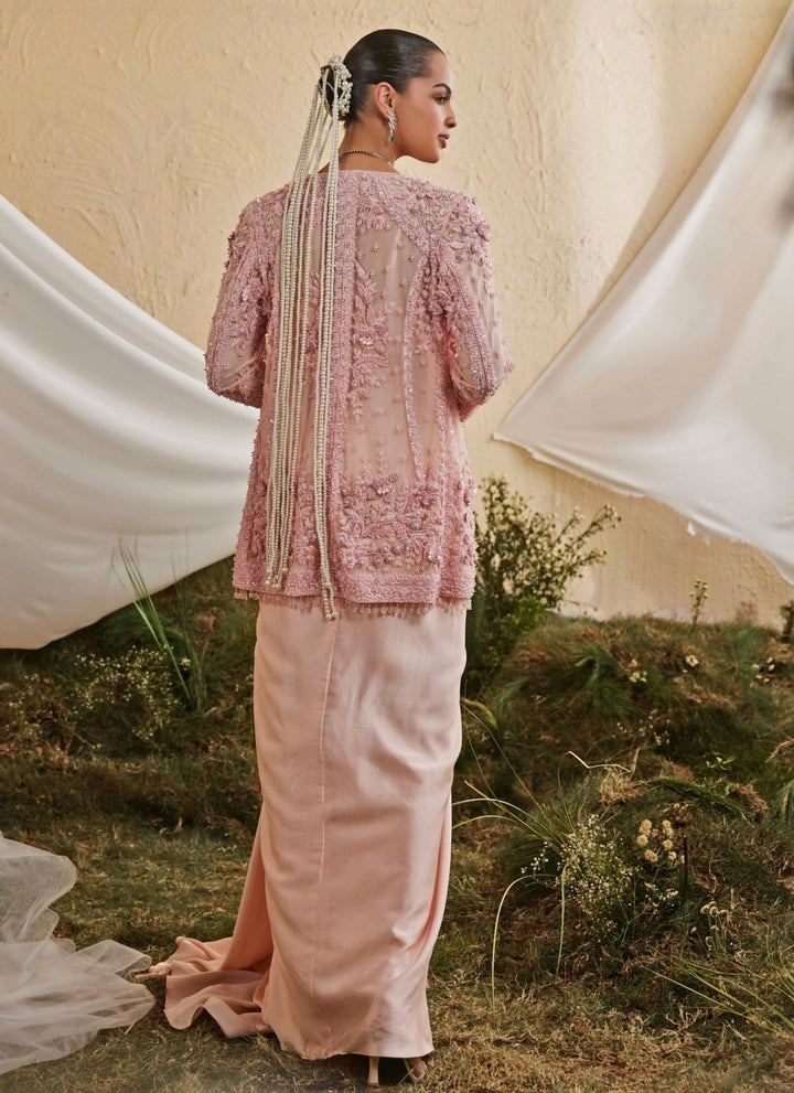 Mani Bhatia Peach Satin Drape Skirt Set With JacketFabilicious Fashion