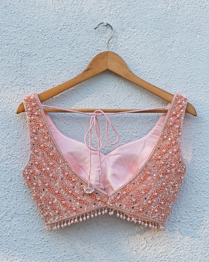 Peach Satin Georgette Drape Skirt Set Anisha Shetty - Fabilicious Fashion