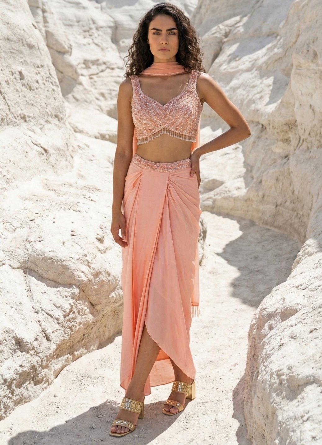 Peach Satin Georgette Drape Skirt Set Anisha Shetty - Fabilicious Fashion