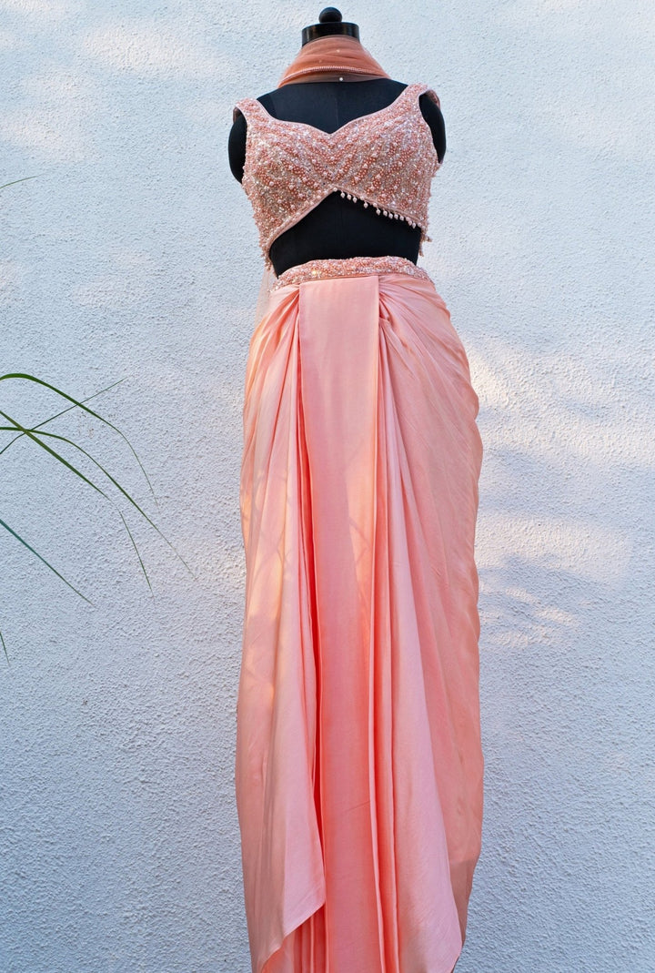 Peach Satin Georgette Drape Skirt Set Anisha Shetty - Fabilicious Fashion